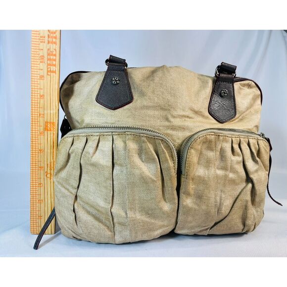 MZ Wallace Jane Glazed Linen Beige Satchel Leather Handles Pockets Large Capac - Picture 11 of 11